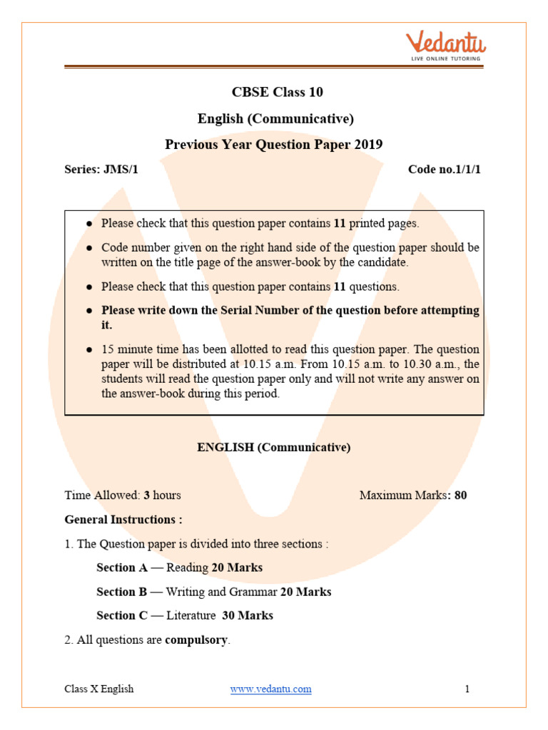 Class 10 English Communicative Paper 2019 | PDF | Adolescence