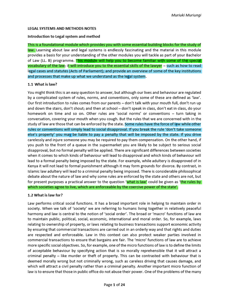 Legal Systems and Methods Notes PDF Precedent Common Law