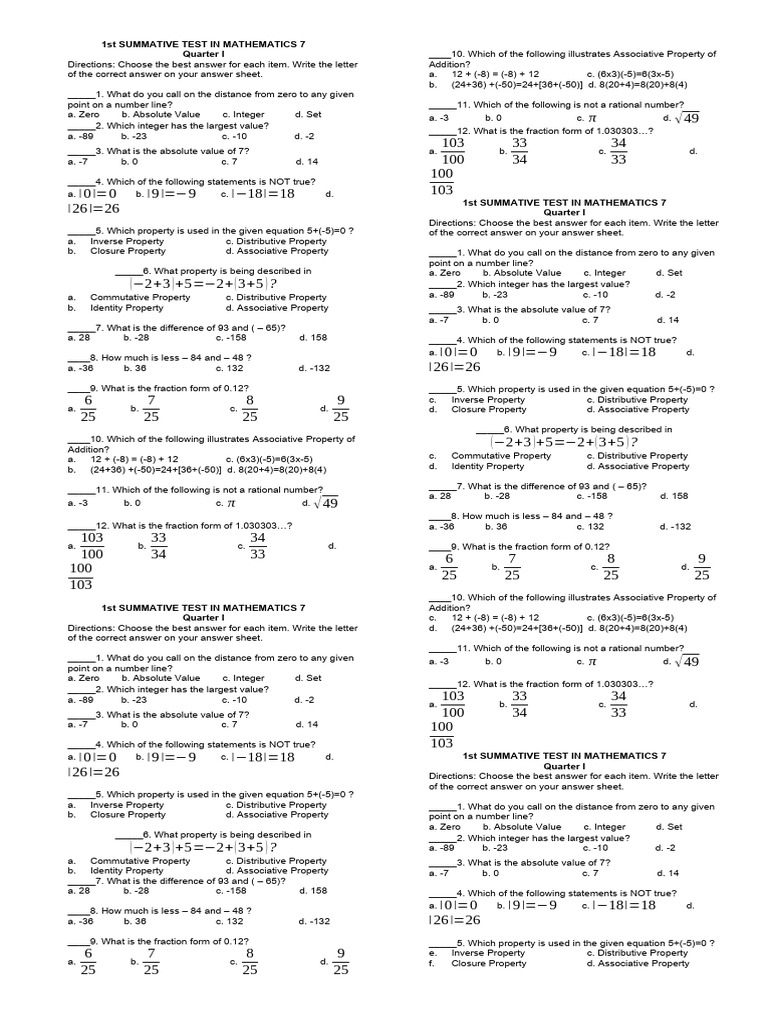Grade 3 Math Summative Test Q1 | PDF | Numbers | Rational Number