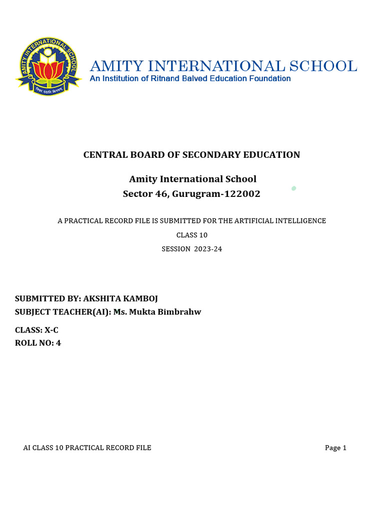 Practical File Artificial Intelligence Class 10 For 2023-24 | PDF ...