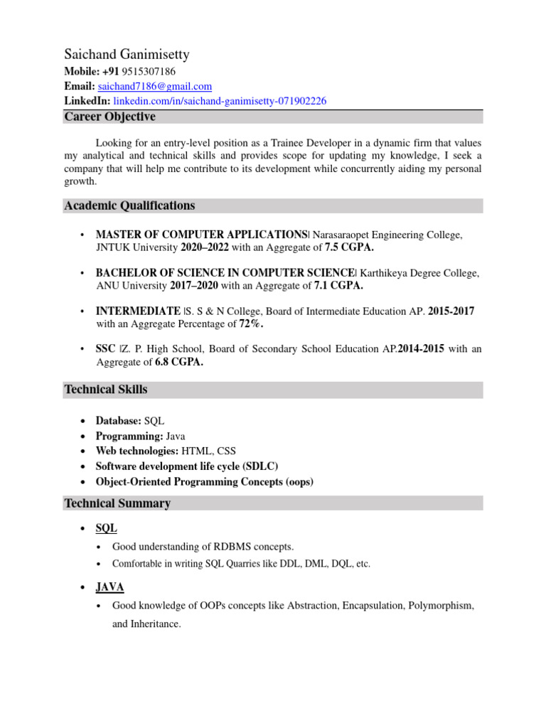 Entry-Level Trainee Developer Resume | PDF | Sql | Html