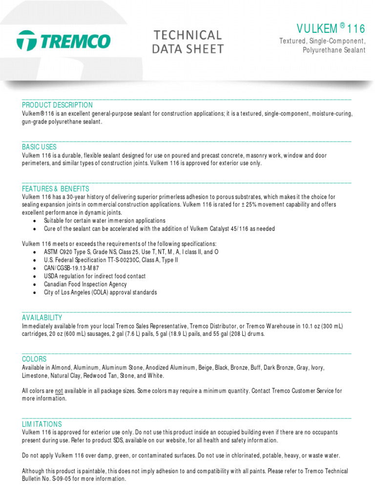 Vulkem 116 Data Sheet | PDF | Concrete | Secondary Sector Of The Economy