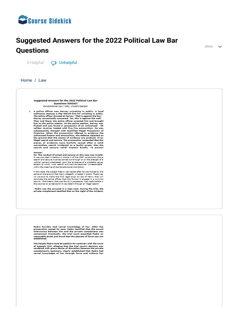 Suggested Answers For The 2022 Political Law Bar Questions PDF