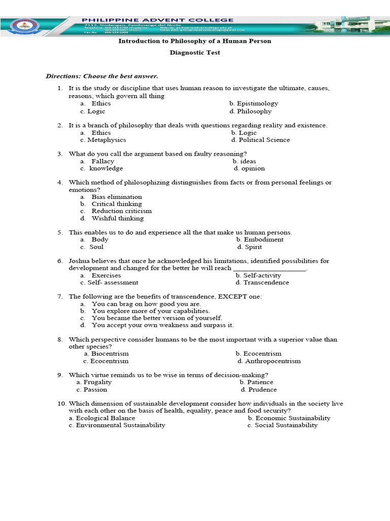 Philosophy of Human Person Test Guide | PDF | Reason | Sustainability