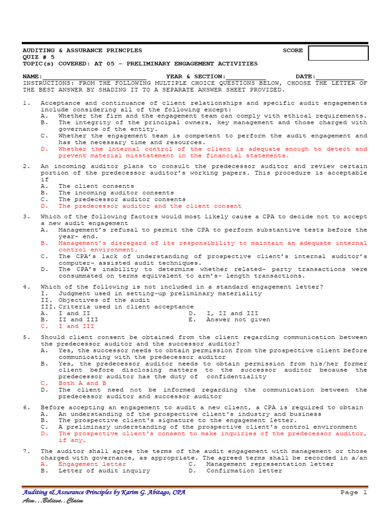 05 Quiz On Topic 5 With Answer Key | PDF | Audit | Financial Audit