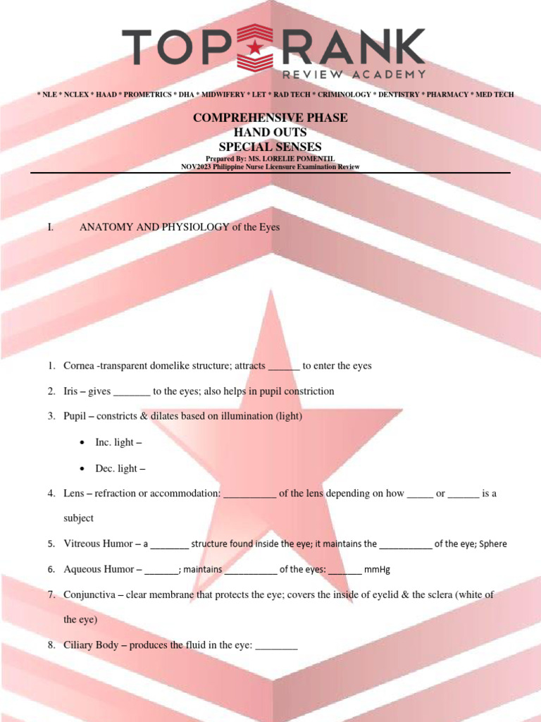 Comprehensive Phase Hand Outs Special Senses | PDF | Glaucoma | Eye