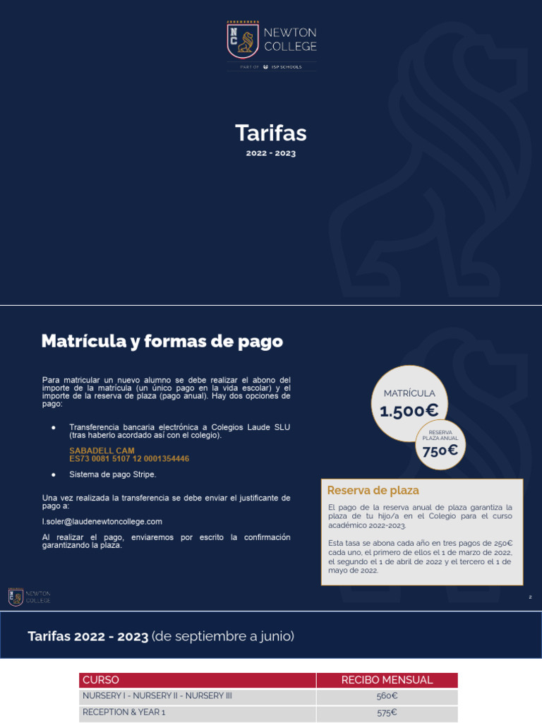Tarifas y Métodos de Pago 2022-2023 | PDF