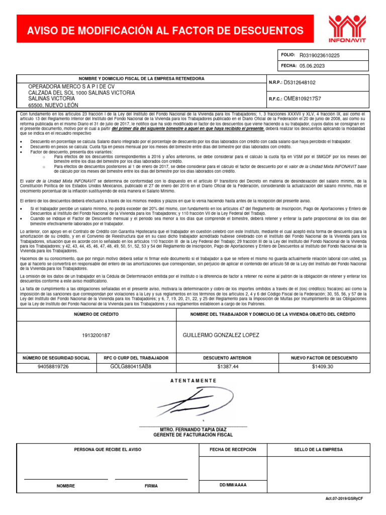 Aviso Retención Infonavit | PDF | Salario mínimo | Salario