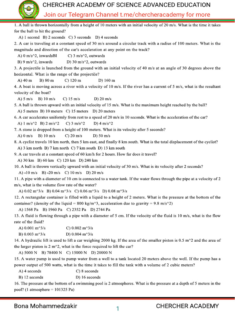 Physics 2016 G 12 50 Model Questions Answers by Chercher Academy | PDF