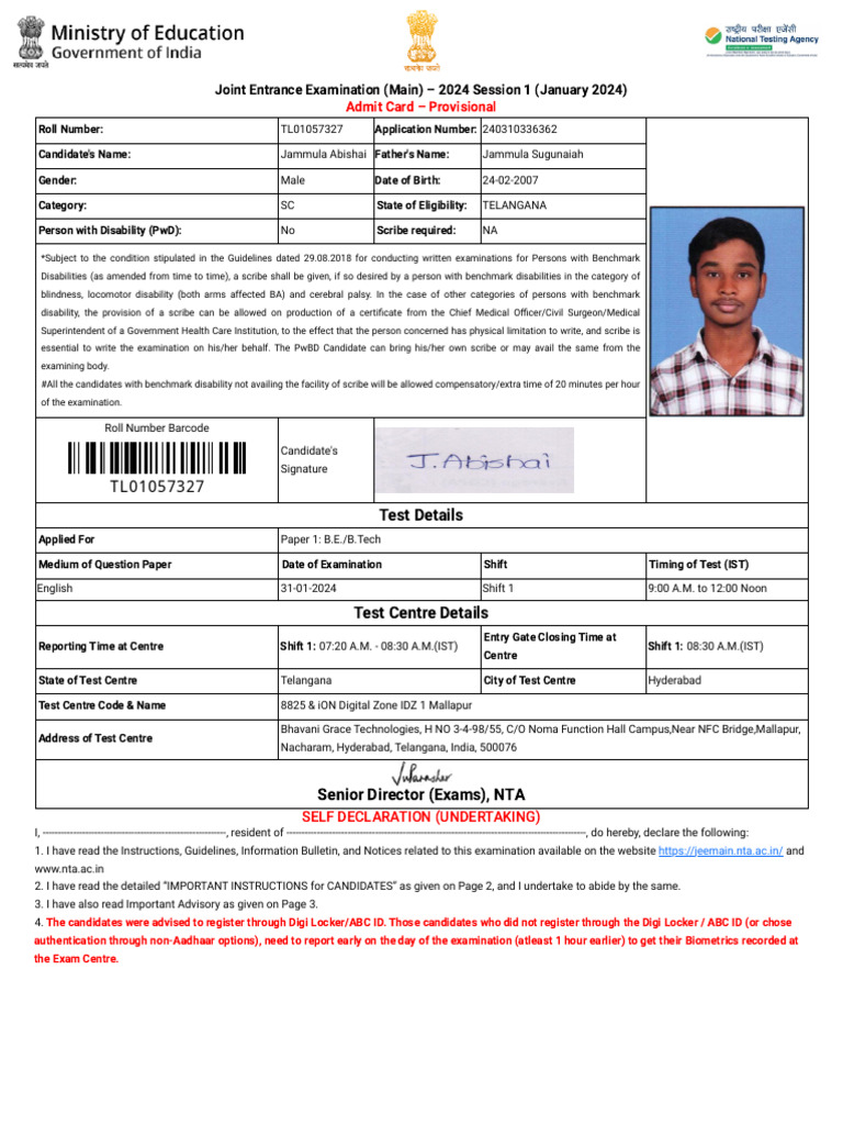 JEE Main 2024 Session 1 Admit Card | PDF | Identity Document