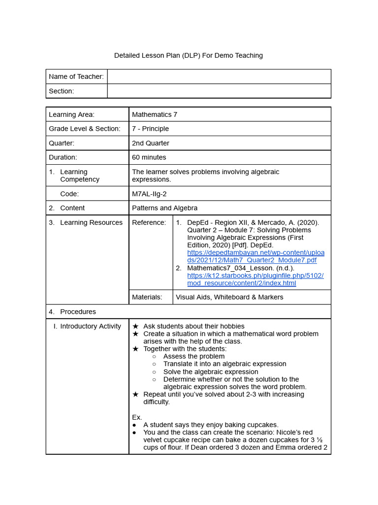 Detailed Lesson Plan (DLP) For Demo Teaching | PDF | Homework | Mathematics