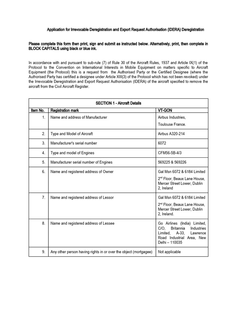 IDERA Application for Aircraft Deregistration | PDF | Aviation