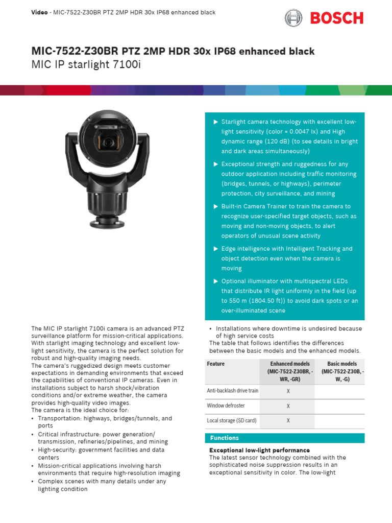 Bosch MIC-7522-Z30BR PTZ Camera Overview | PDF | Camera | Light ...