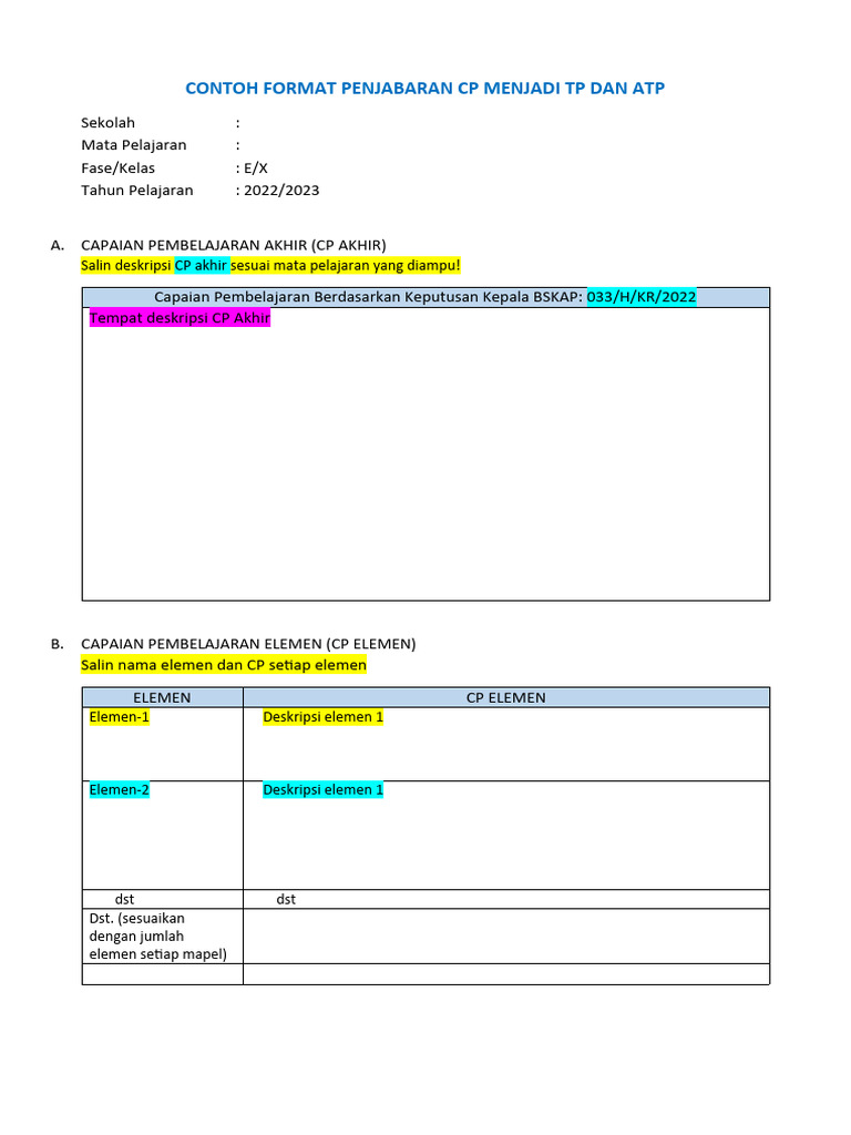Contoh Format CP, TP, dan ATP Kurikulum | PDF | Metode & Bahan Ajar