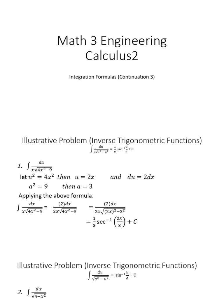 Math 3 Integration Formulas Lesson2 - Continuation3 - Inverse TF | PDF