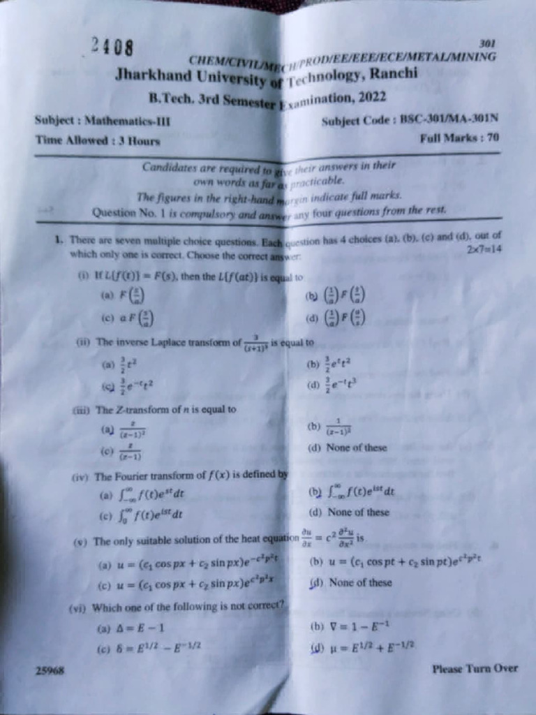 Ee Previous Year Questions Pdf Laplace Transform Fourier Transform