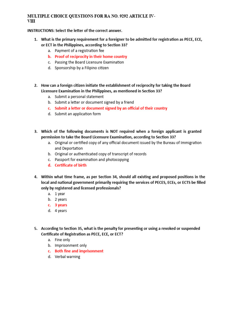RA 9292 MCQs: PECE & ECE Regulations | PDF | Licensure | Engineer