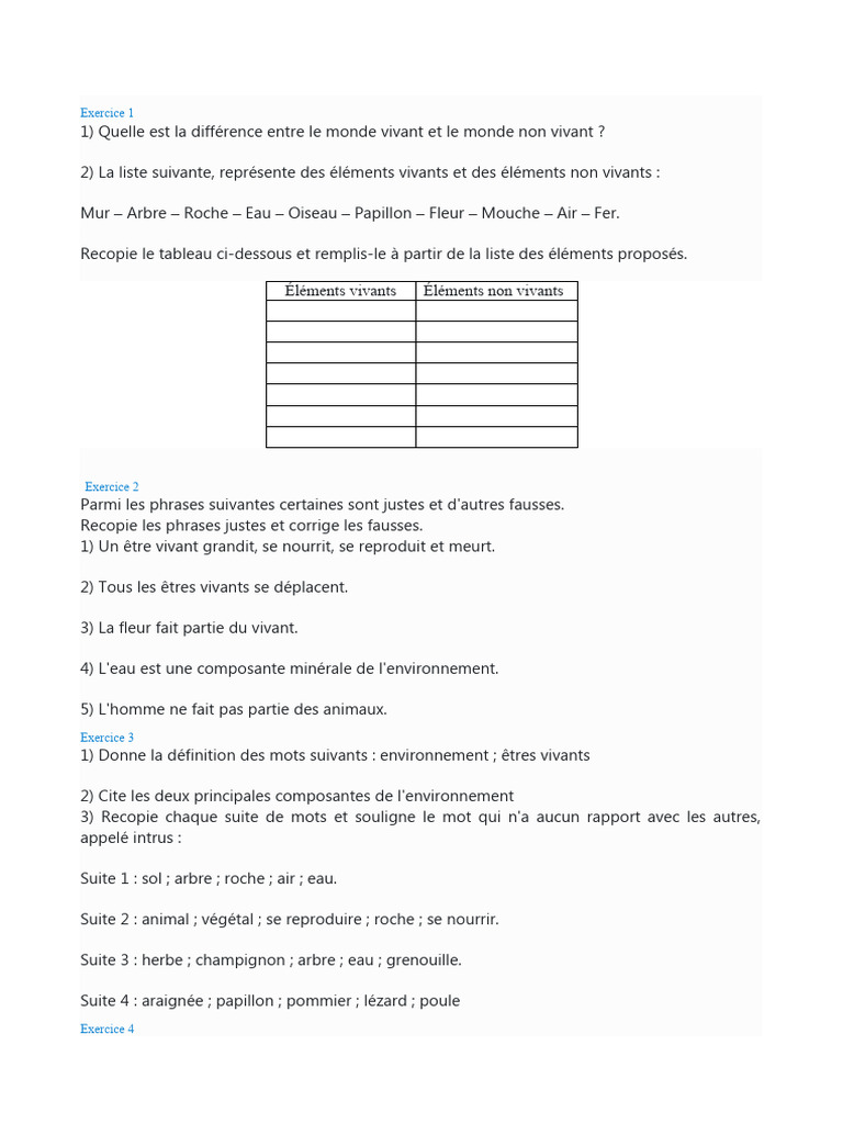 Évaluation SVT 6ème : Vivant et Non-Vivant | PDF | Sciences et ...