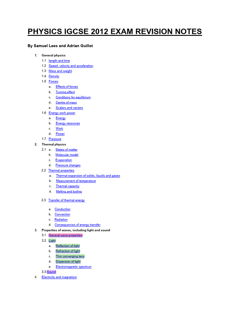 IGCSE Physics 2012 Revision Notes | PDF | Acceleration | Thermometer