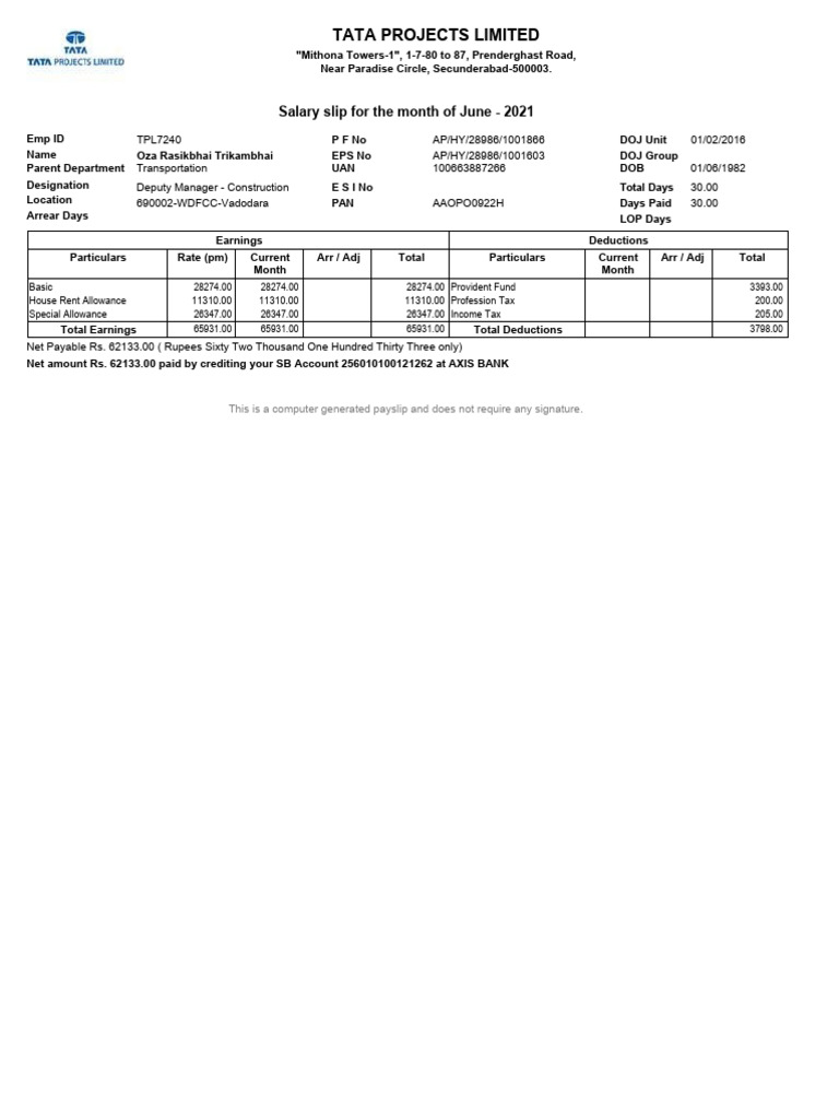 Tata projects limited salary slip for the month of june 2021 pdf