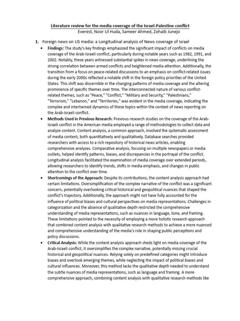 Literature review for the media coverage of the israel and palestine