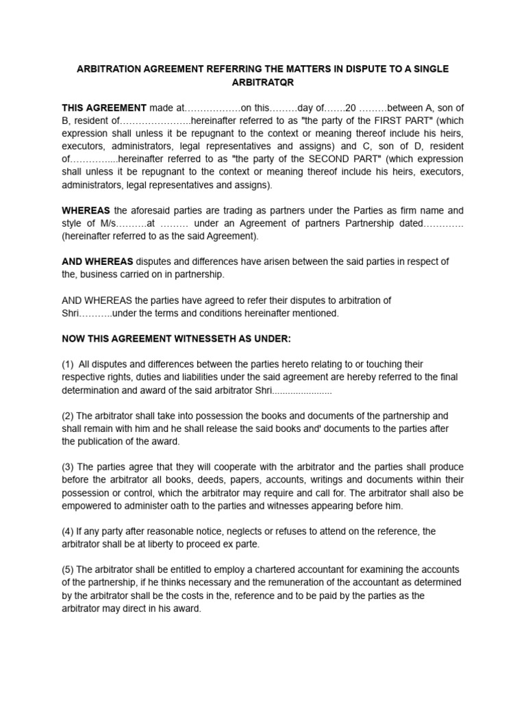 Arbitration Agreement for Dispute Resolution | PDF | Arbitral Tribunal ...