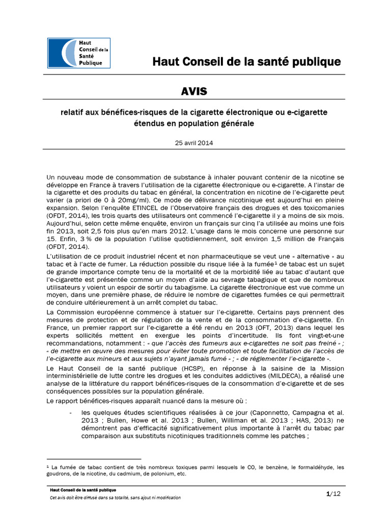 Bénéfices-Risques de l'E-Cigarette en 2014 | PDF | Cigarette ...