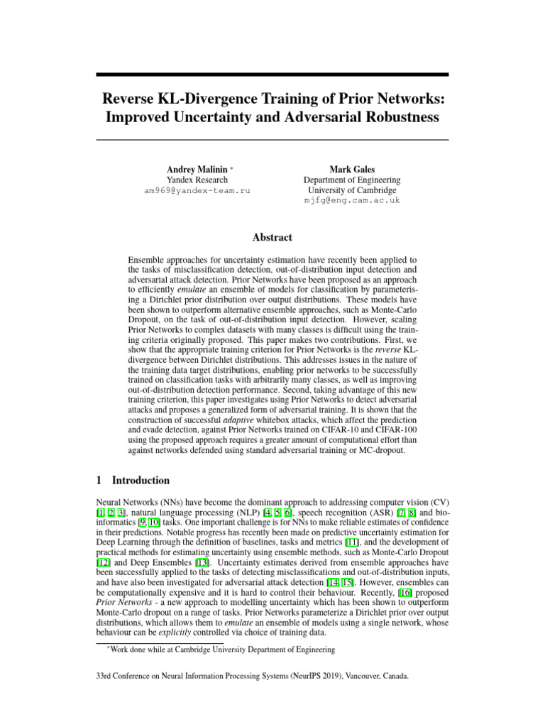 NeurIPS 2019 Reverse KL Divergence Training of Prior Networks Improved