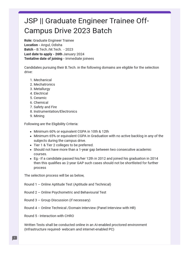 JSP - Graduate Engineer Trainee Off-Campus Drive 2023 Batch | PDF ...