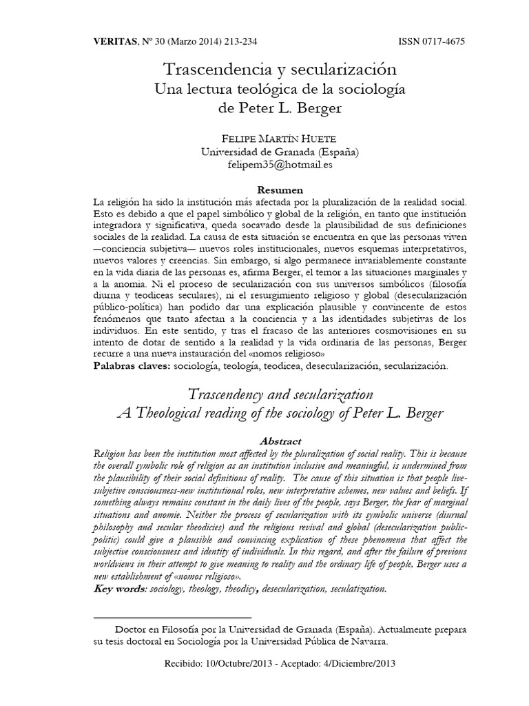 Una Lectura Teologica de La Sociología PDF Realidad Mal