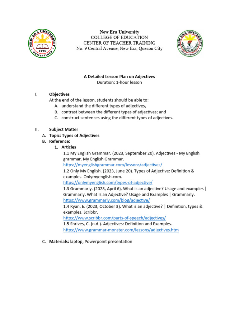 Lesson Plan For Adjectives Pdf Adjective Grammatical Number