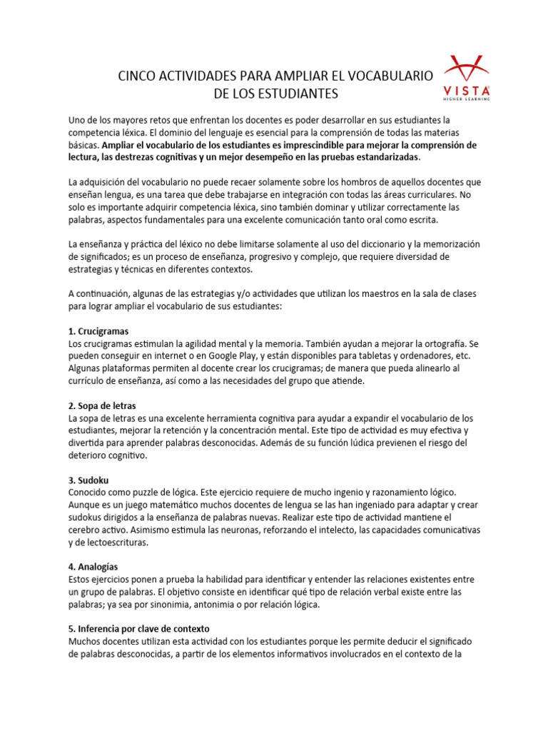 Actividades para Ampliar el Vocabulario | PDF | Léxico | Aprendizaje