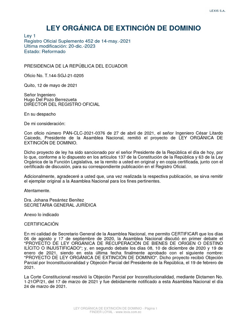 Ley Orgánica de Extinción de Dominio Ecuador | PDF | Mandato | Propiedad
