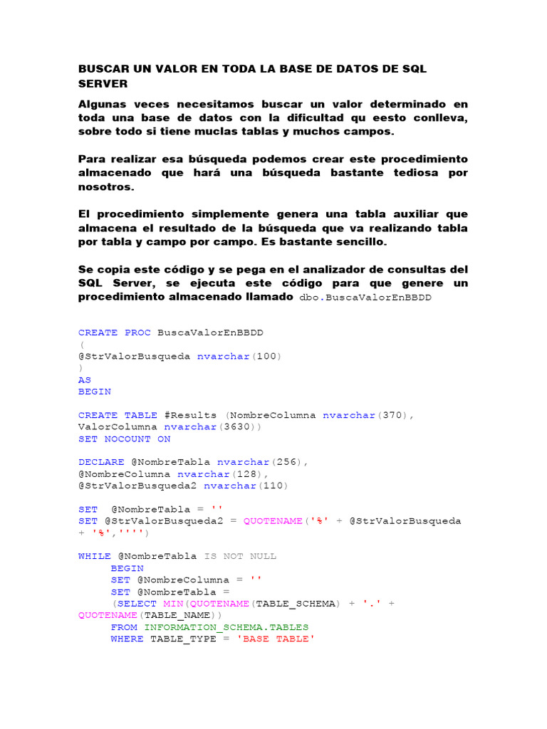 Buscar Valor en SQL Server Eficazmente | PDF