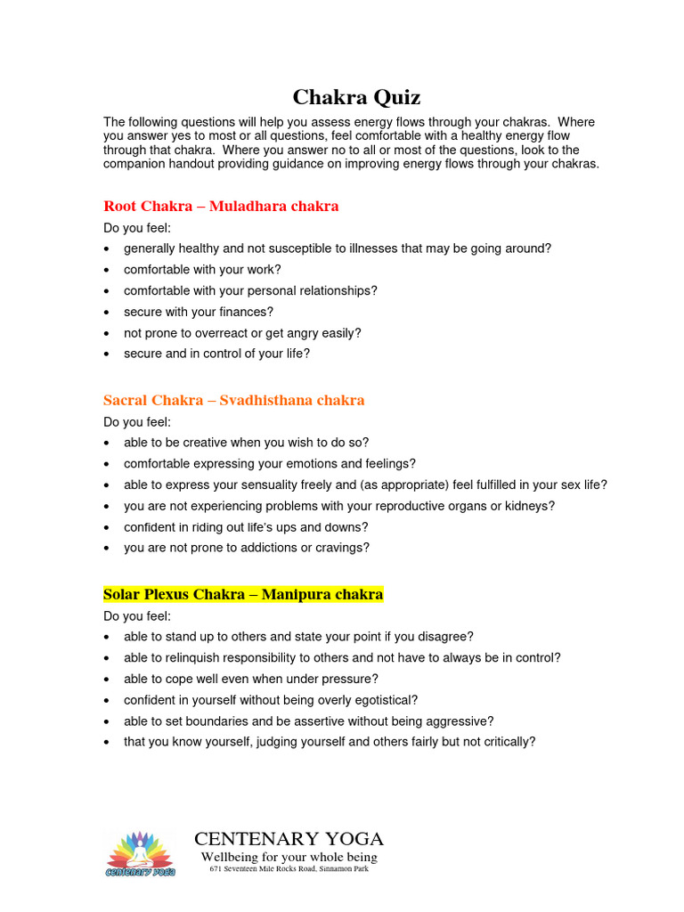Chakra Assessment Quiz | PDF | Chakra | Psychology