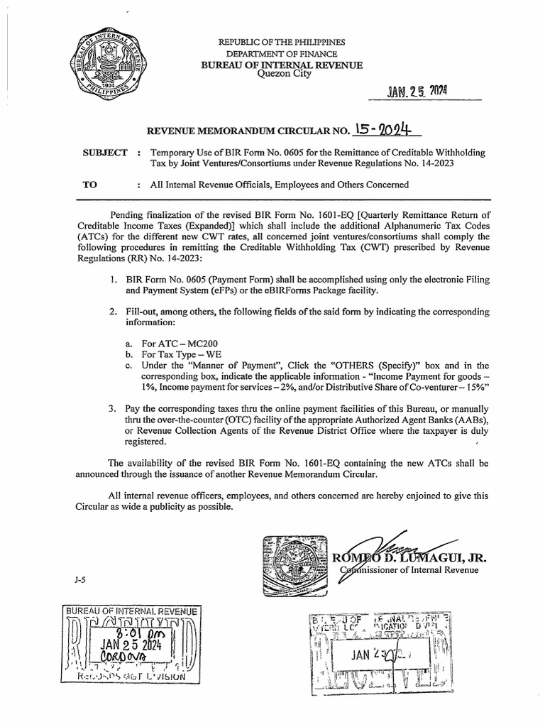 RMC No. 15-2024 - Temporary Use of 0605 For WT by Joint Ventures | PDF