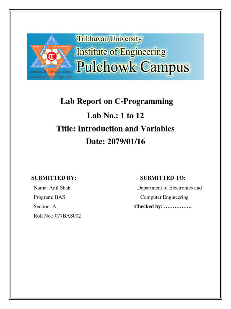 Lab Report On C-Programming Lab No.: 1 To 12 Title: Introduction and ...