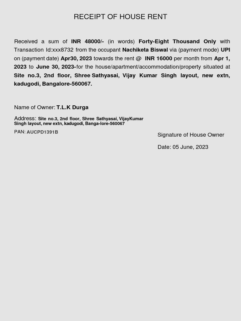 House Rent Receipt Bangalore June 2023 | PDF
