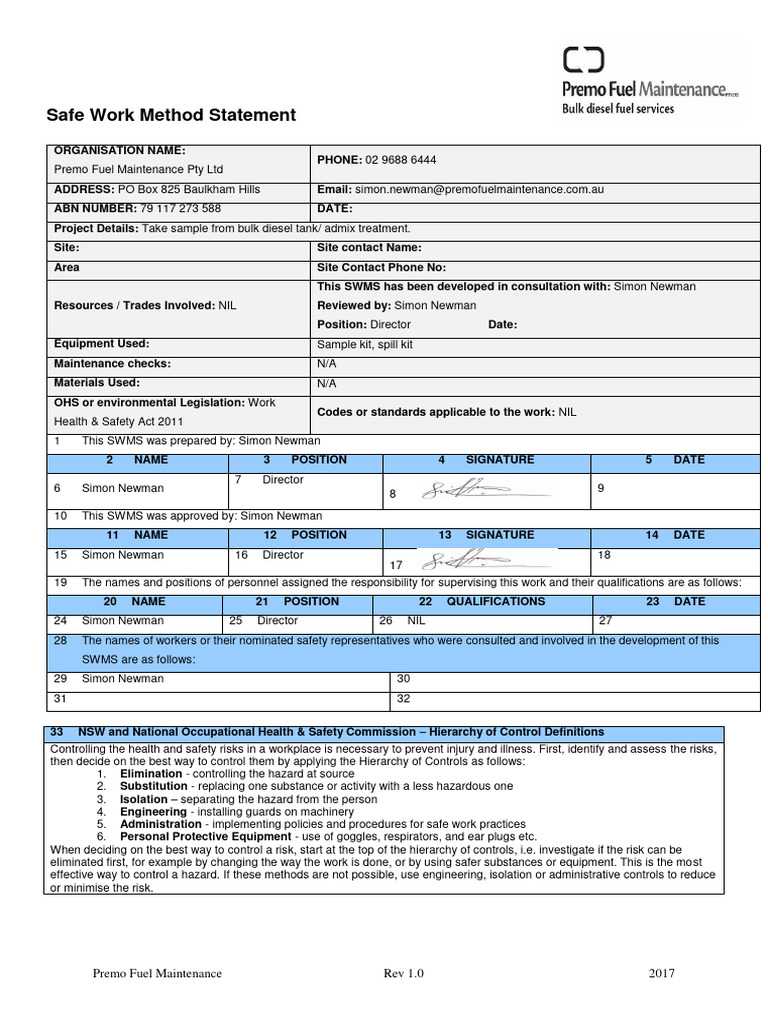 Premo Fuel Maintenance SWMS Document | PDF | Occupational Safety And ...