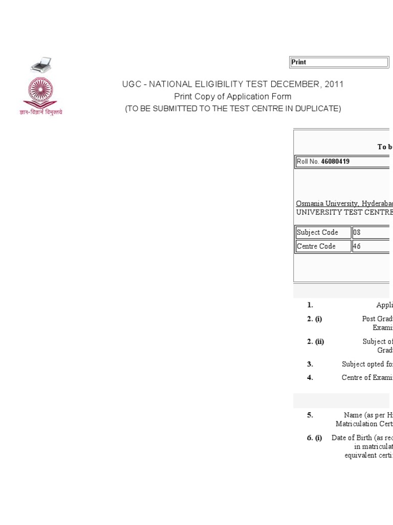 Ugc - National Eligibility Test December, 2011 Print Copy of ...