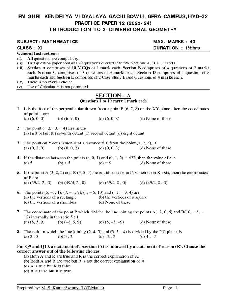 Maths class xi introduction to 3 dimensional geometry practice paper 12