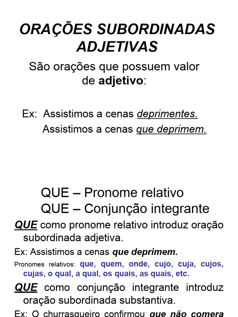 Oração Subordinada Adjetiva: Tipos e Exemplos | PDF | Pronome | Gramática