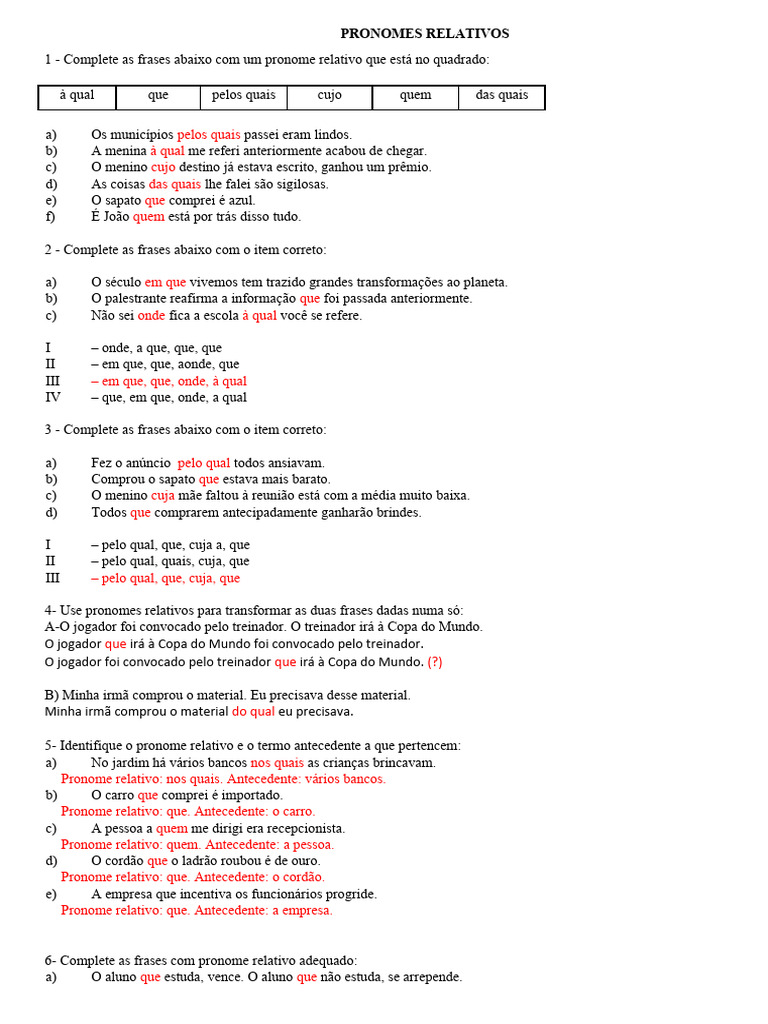 Pronomes Relativos Gabarito Pdf Pronome Linguística
