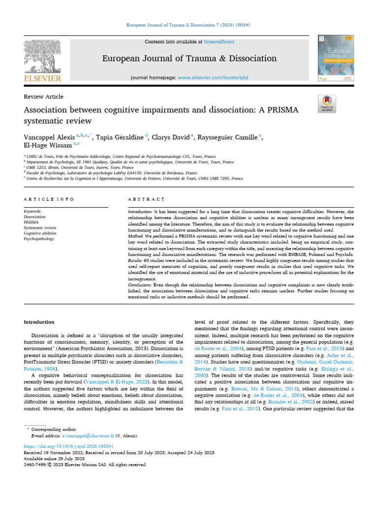 Association Between Cognitive Impairments and Dissociation A PRISMA | PDF