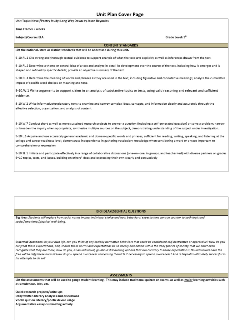 Unit plan long way down pdf reading comprehension human communication