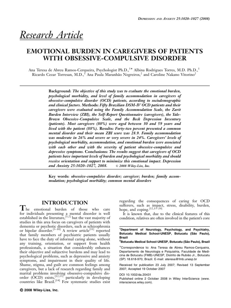 Emotional Burden in Caregivers of Patients With Obsessive-Compulsive ...