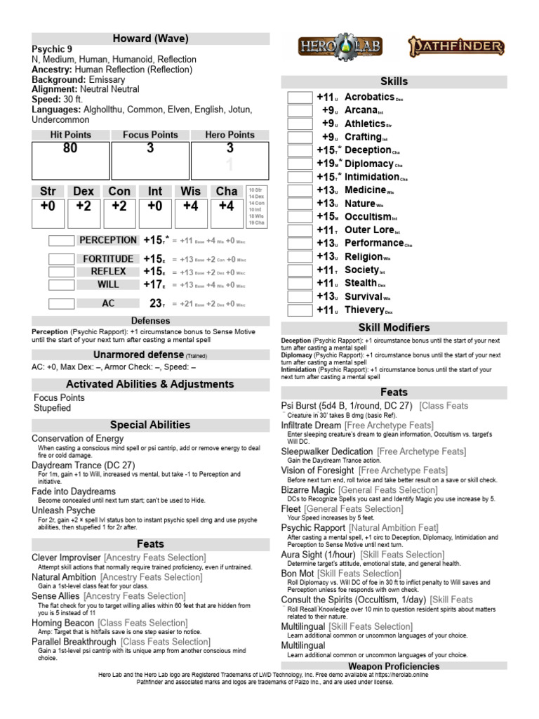 Pathfinder Psychic Character Sheet | PDF | Dream | Cognition