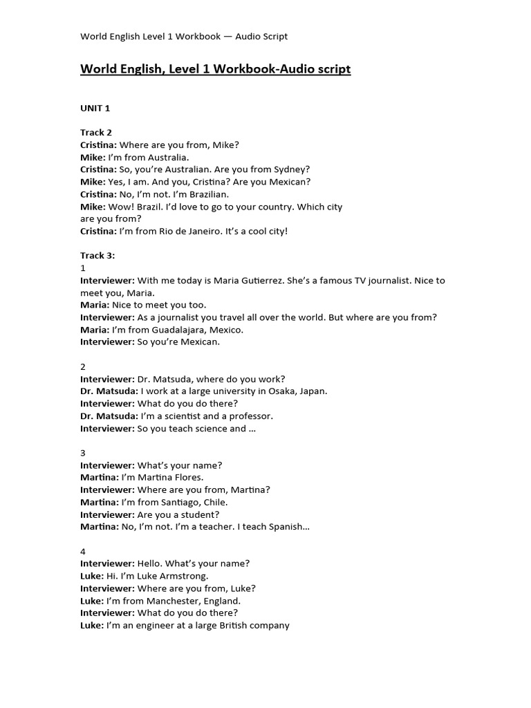World English Level 1 Audio Script | PDF | Stephen Hawking | Baggage