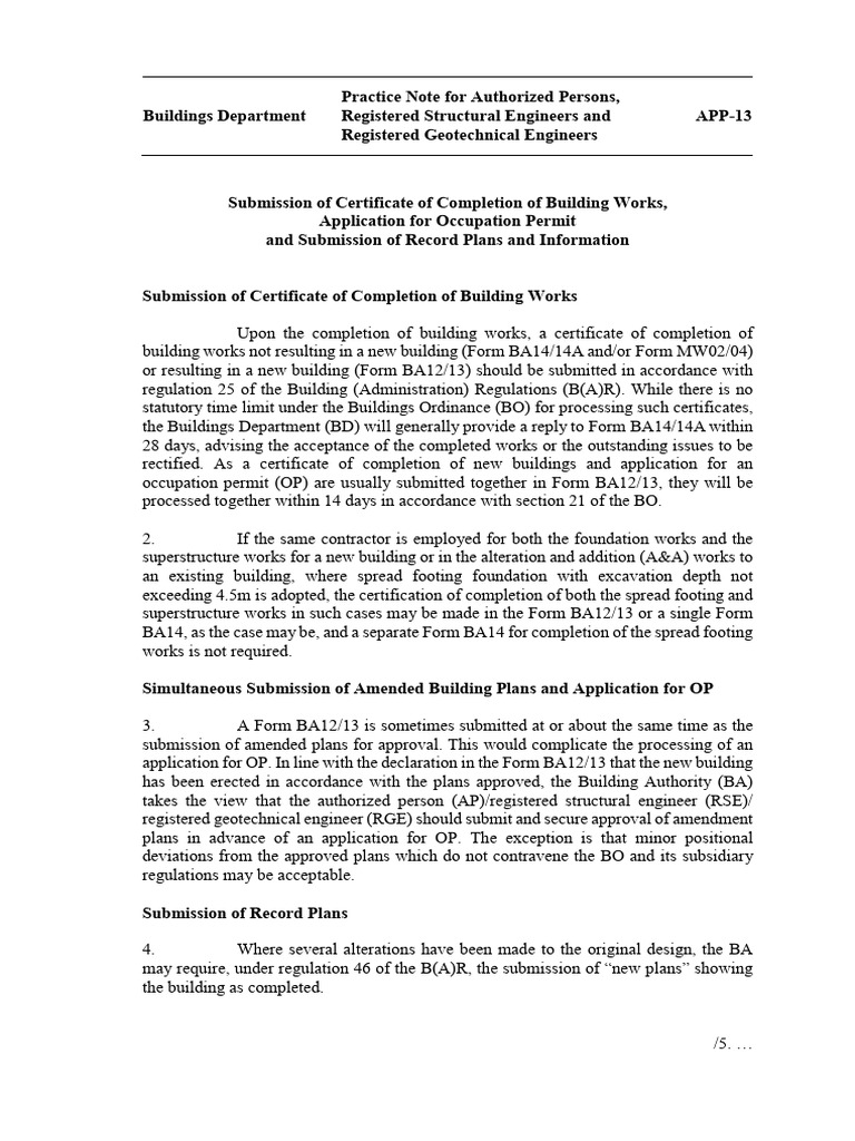 APP013 - Submission of Certificate of Completion of Building Works ...