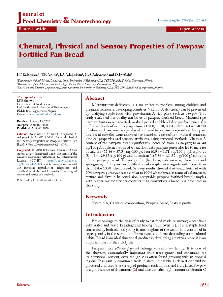 Chemical Physical and Sensory Properties of Pawpaw | PDF | Breads ...